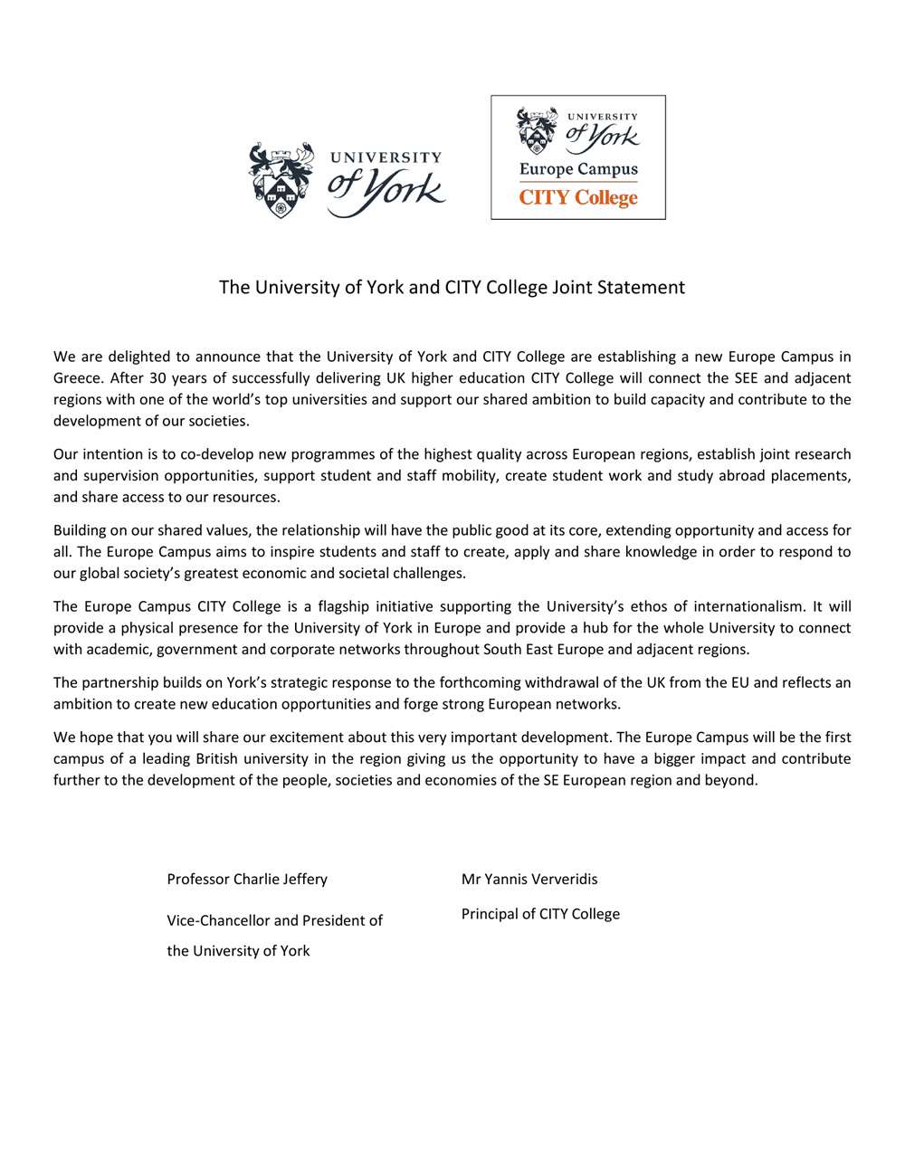 The University of York and CITY College Joint Statement
